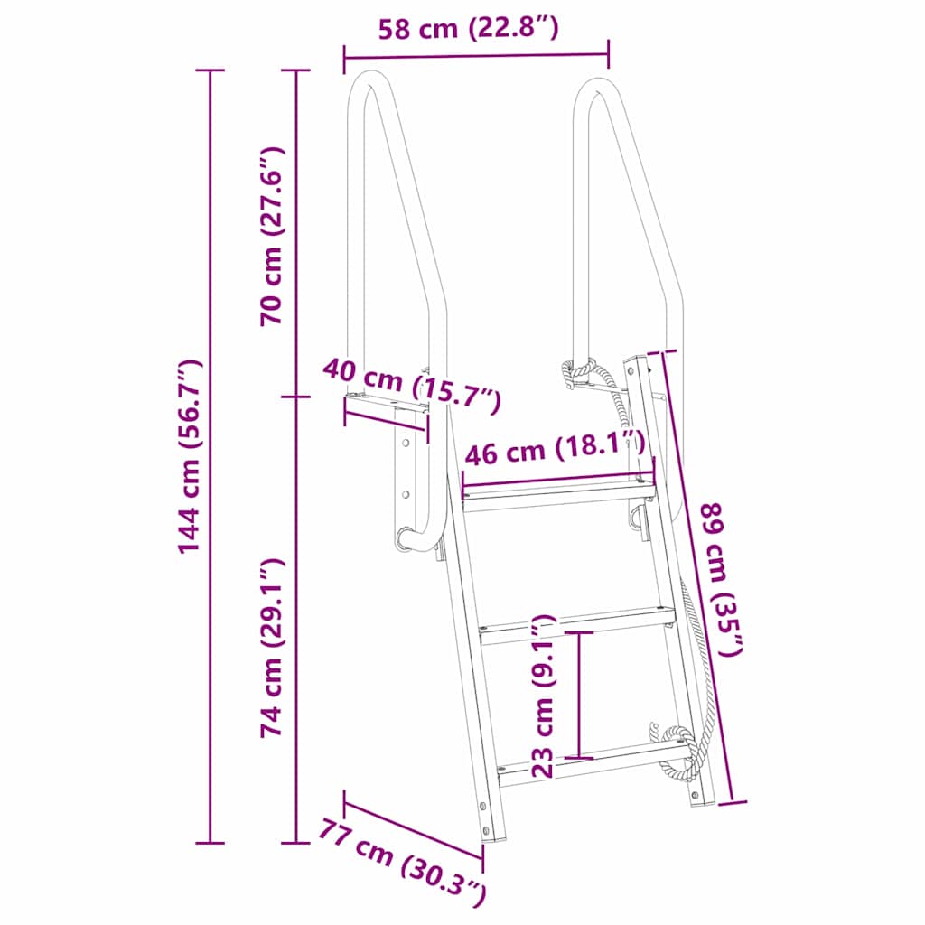 vidaXL 3-Βήμα Σκάλα για Μώλο Ασημί 58 x 77 x 144 εκ Αλουμίνιο