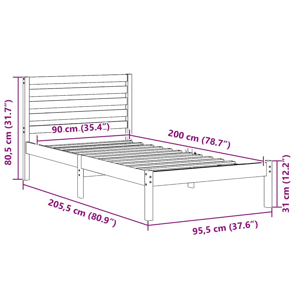 vidaXL Σκελετός Κρεβατιού Καφέ 90 x 200 cm Στερεά ξυλεία πεύκου