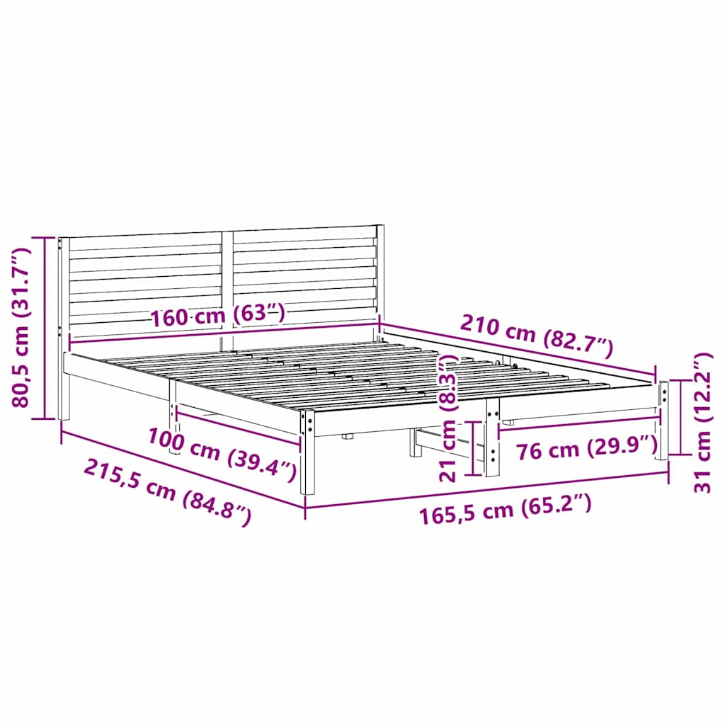 vidaXL Σκελετός Κρεβατιού Λευκό 160 x 210 cm Μασίφ ξύλο πεύκου