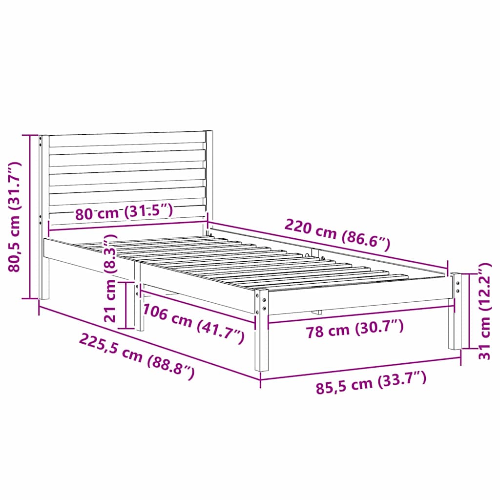 vidaXL Σκελετός Κρεβατιού Κερωτό καφέ 80 x 220 cm Στερεά ξυλεία πεύκου