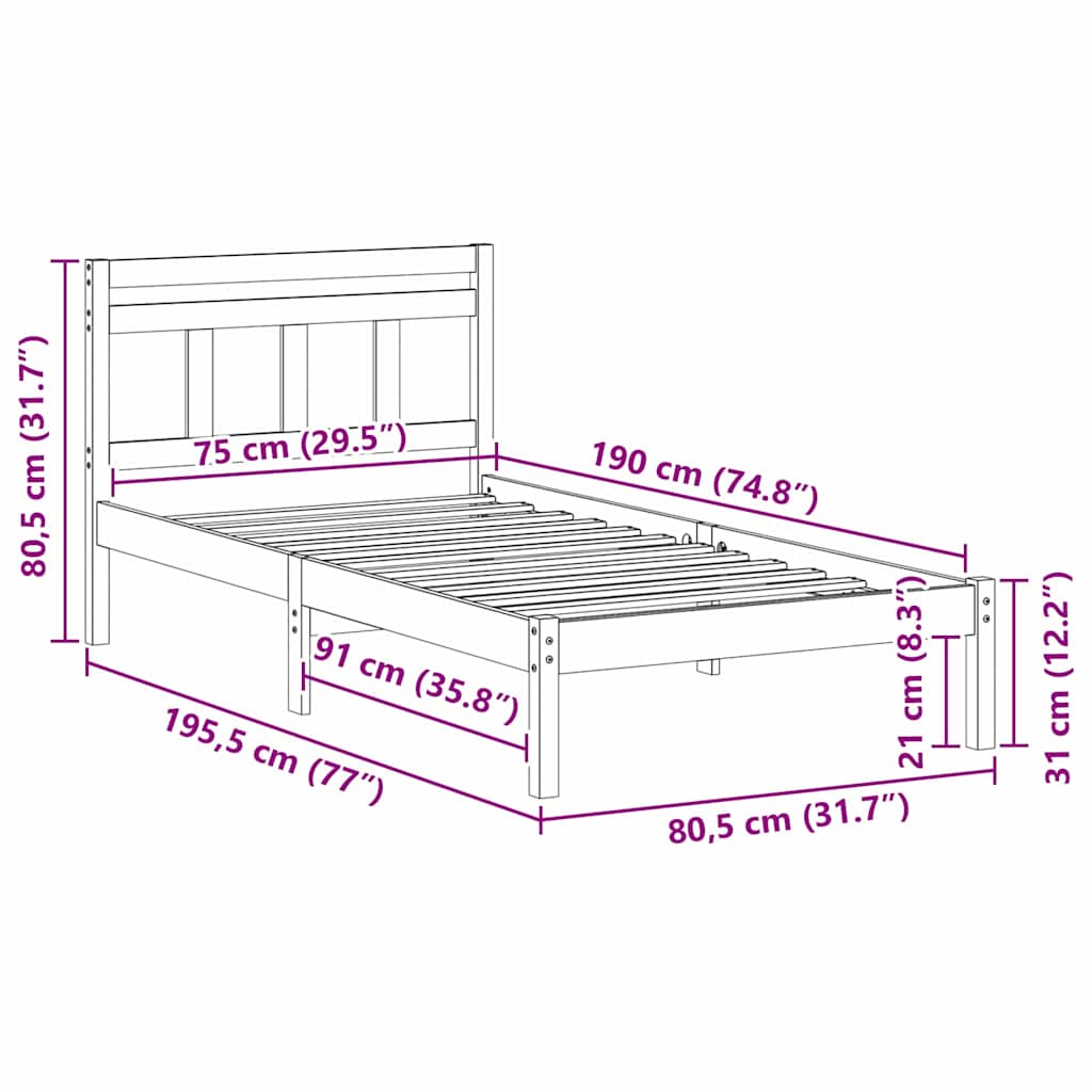 vidaXL Σκελετός Κρεβατιού Καφέ 75 x 190 cm Στερεά ξυλεία πεύκου