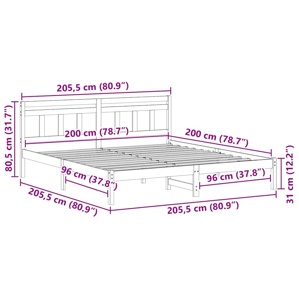 vidaXL Σκελετός Κρεβατιού Καφέ 200 x 200 cm Στερεά ξυλεία πεύκου