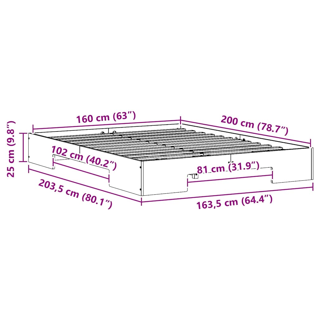 vidaXL Κρεβάτι δαπέδου Καφέ 160 x 200 cm Μασίφ ξύλο πεύκου