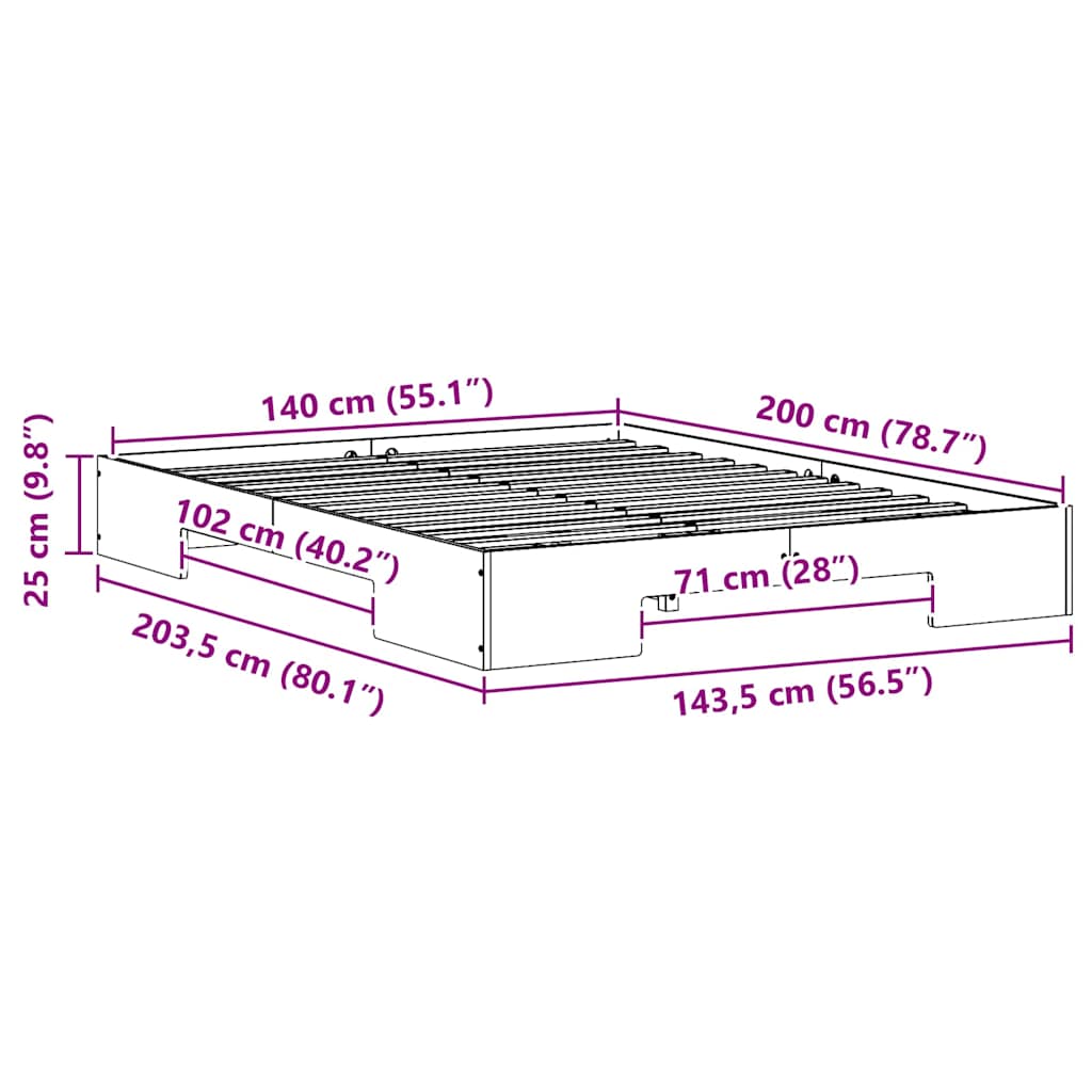 vidaXL Κρεβάτι δαπέδου Καφέ 140 x 200 cm Μασίφ ξύλο πεύκου
