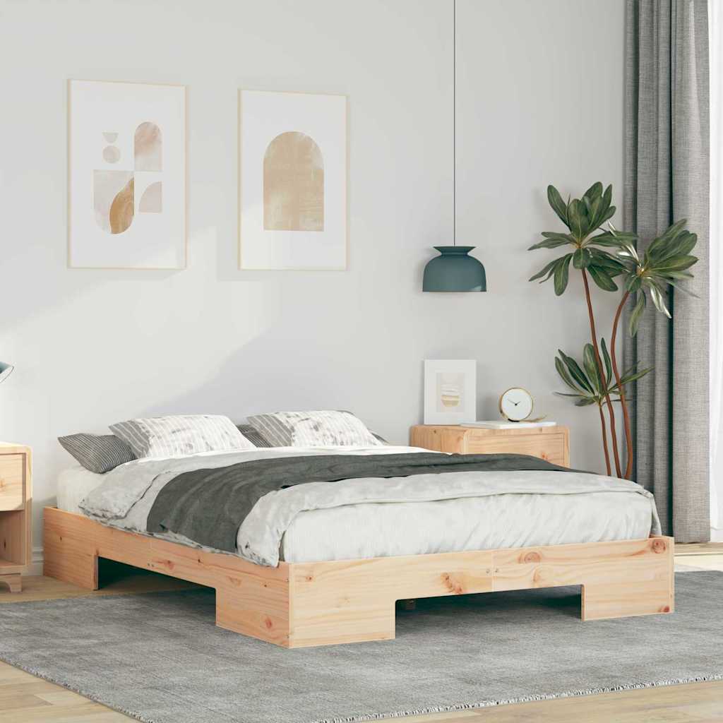 vidaXL Κρεβάτι δαπέδου Καφέ 135 x 190 cm Μασίφ ξύλο πεύκου