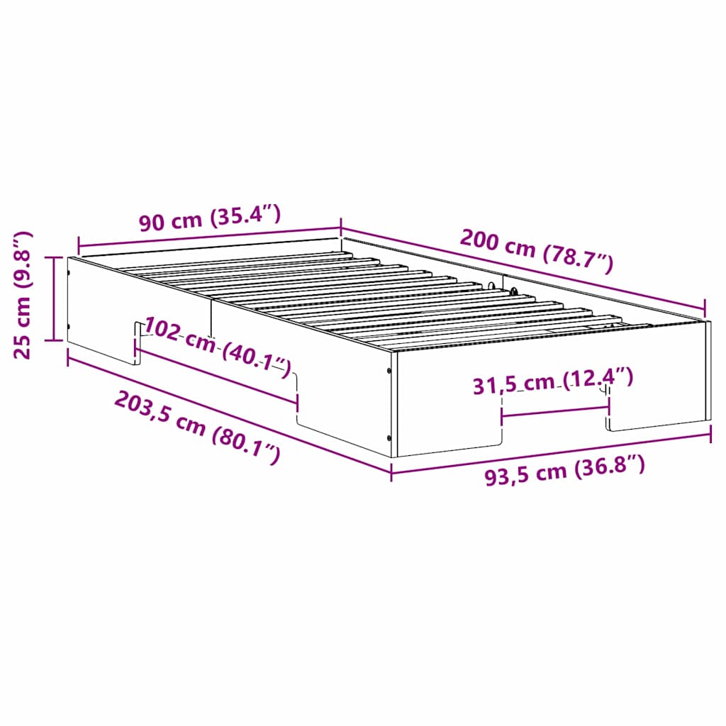 vidaXL Κρεβάτι δαπέδου Καφέ 90 x 200 cm Μασίφ ξύλο πεύκου