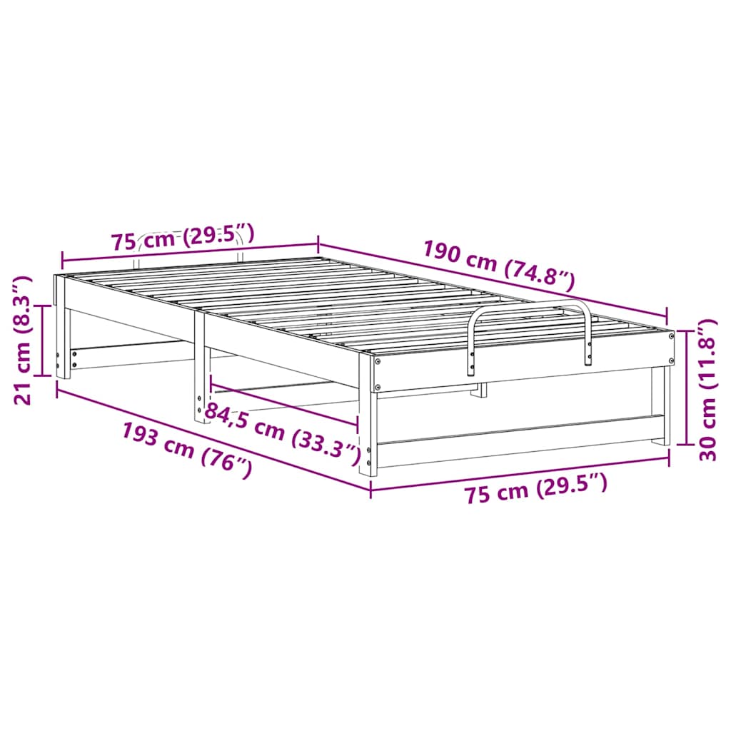 vidaXL Σκελετός Κρεβατιού Λευκό 75 x 190 cm Στερεά ξυλεία πεύκου