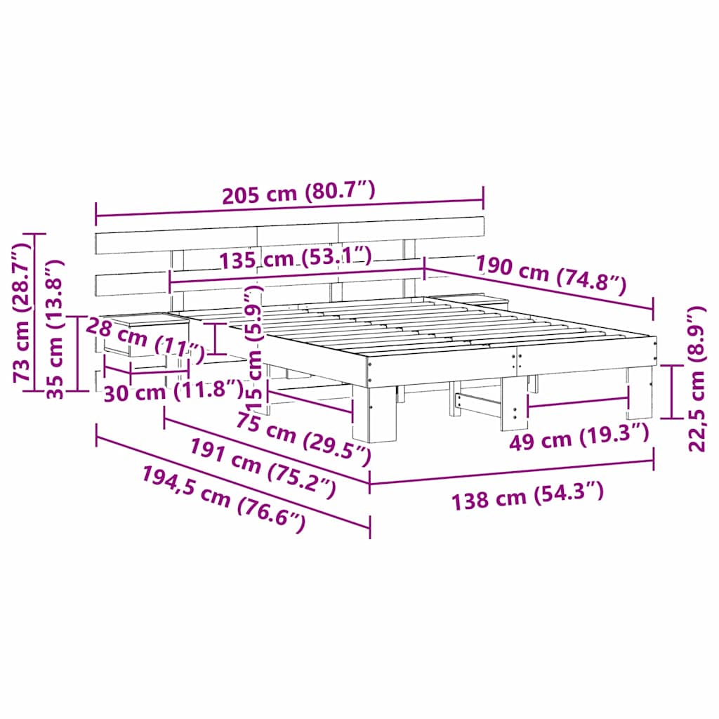 vidaXL Σκελετός Κρεβατιού Καφέ 135 x 190 cm Στερεά ξυλεία πεύκου