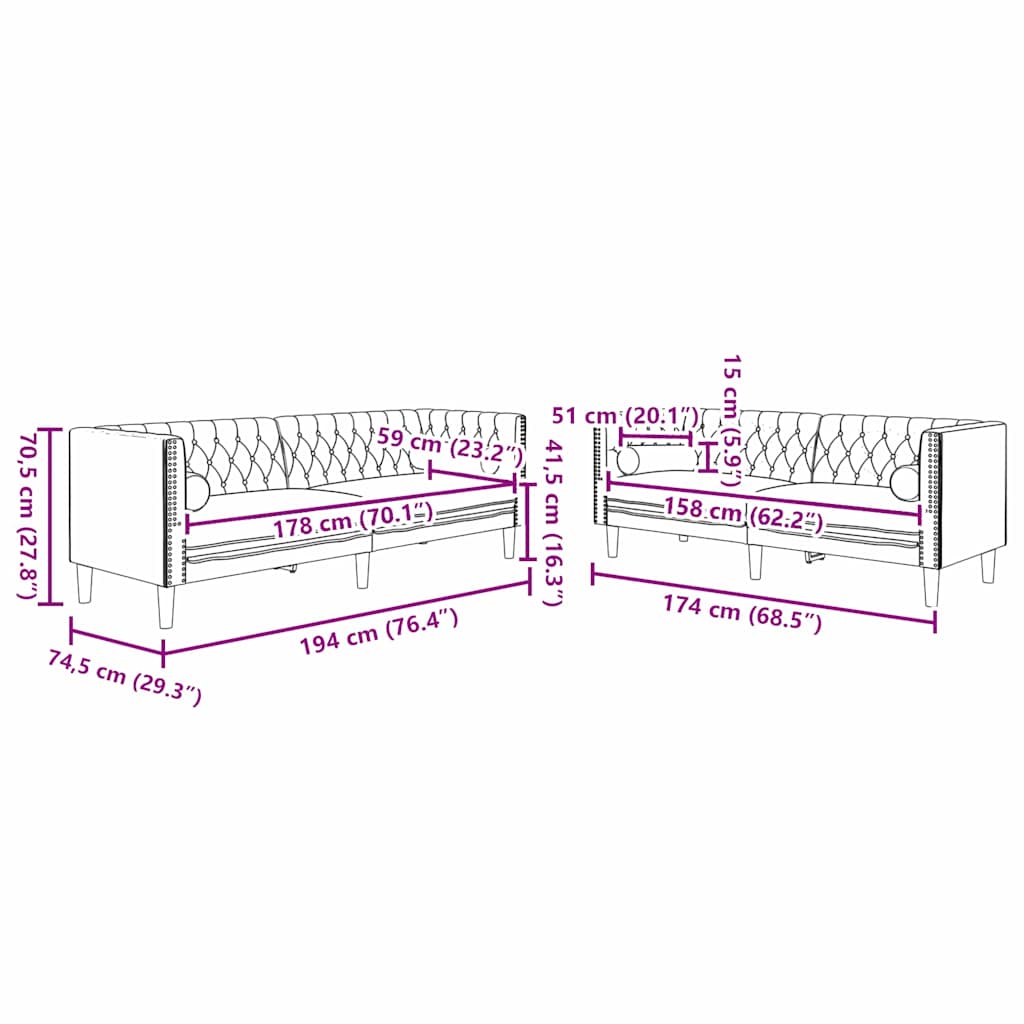 vidaXL Καναπές σαλονιού 2 pcs Σκούρο Γκρι 194 x 74,5 x 70,5 εκ.