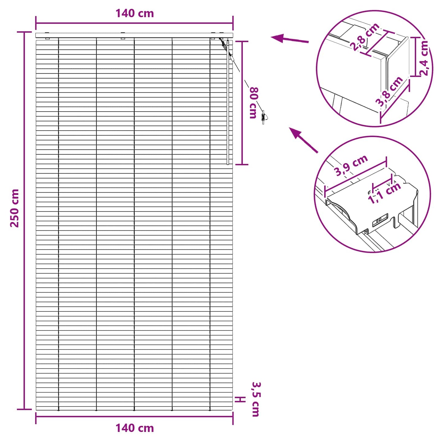 vidaXL Βενετσιάνικη Σκίαση Λευκό 140 x 250 cm 35 mm