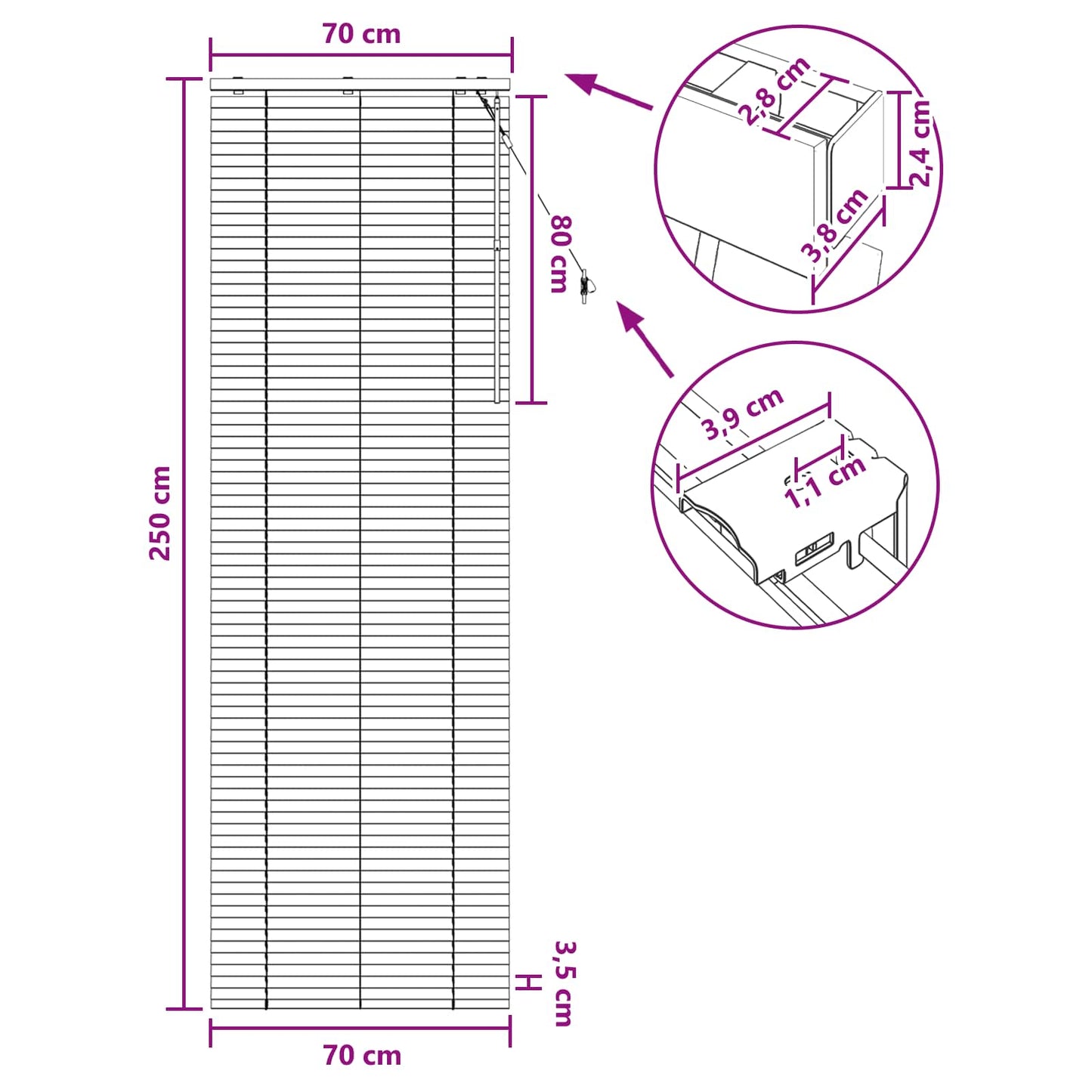 vidaXL Βενετσιάνικη Σκίαση Μαύρο 70 x 250 εκ. 35 mm