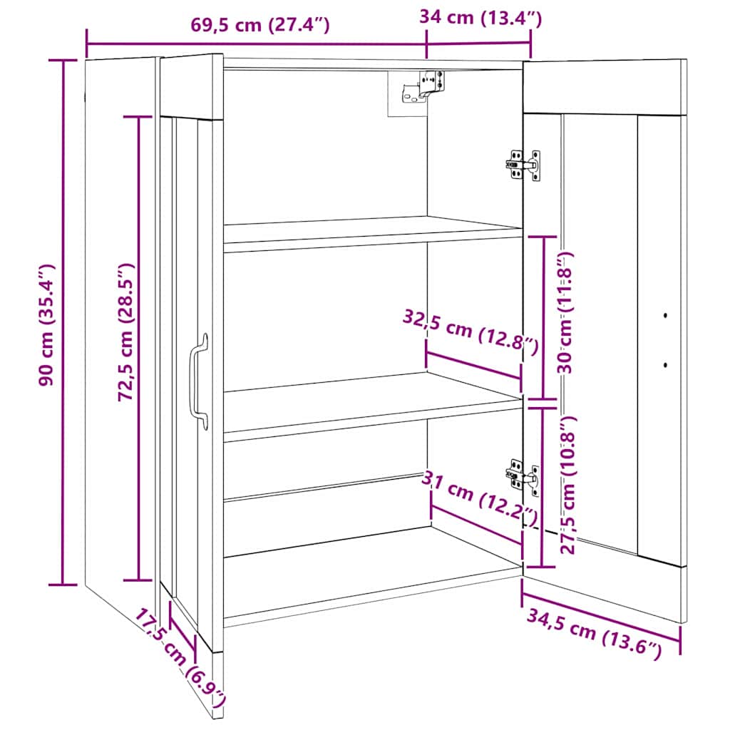 vidaXL Κρεμαστό Έπιπλο Τοίχου Επιτοίχιο Μαύρο 69.5 x 34 x 90 εκ.