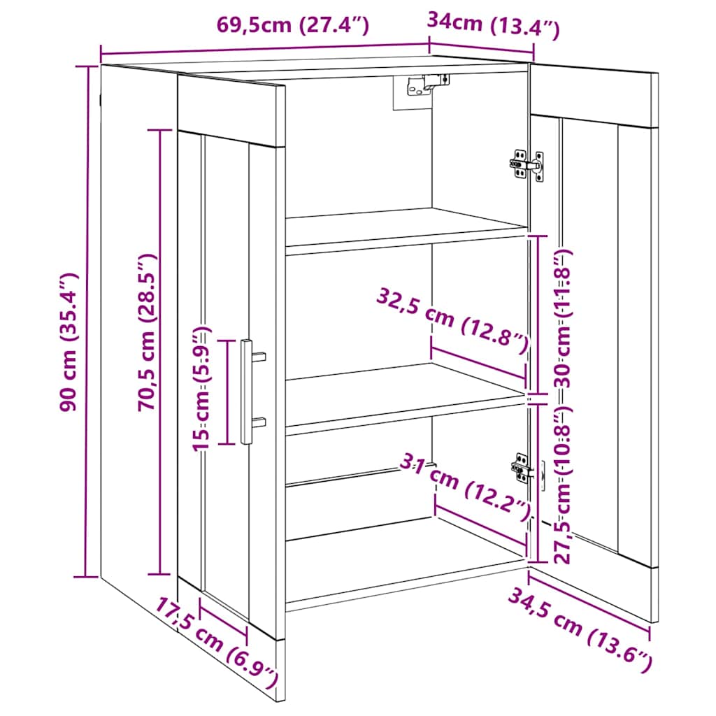 vidaXL Επιτοίχιο ντουλάπι Επιτοίχιο Μαύρη δρυς 69.5 x 34 x 90 εκ.