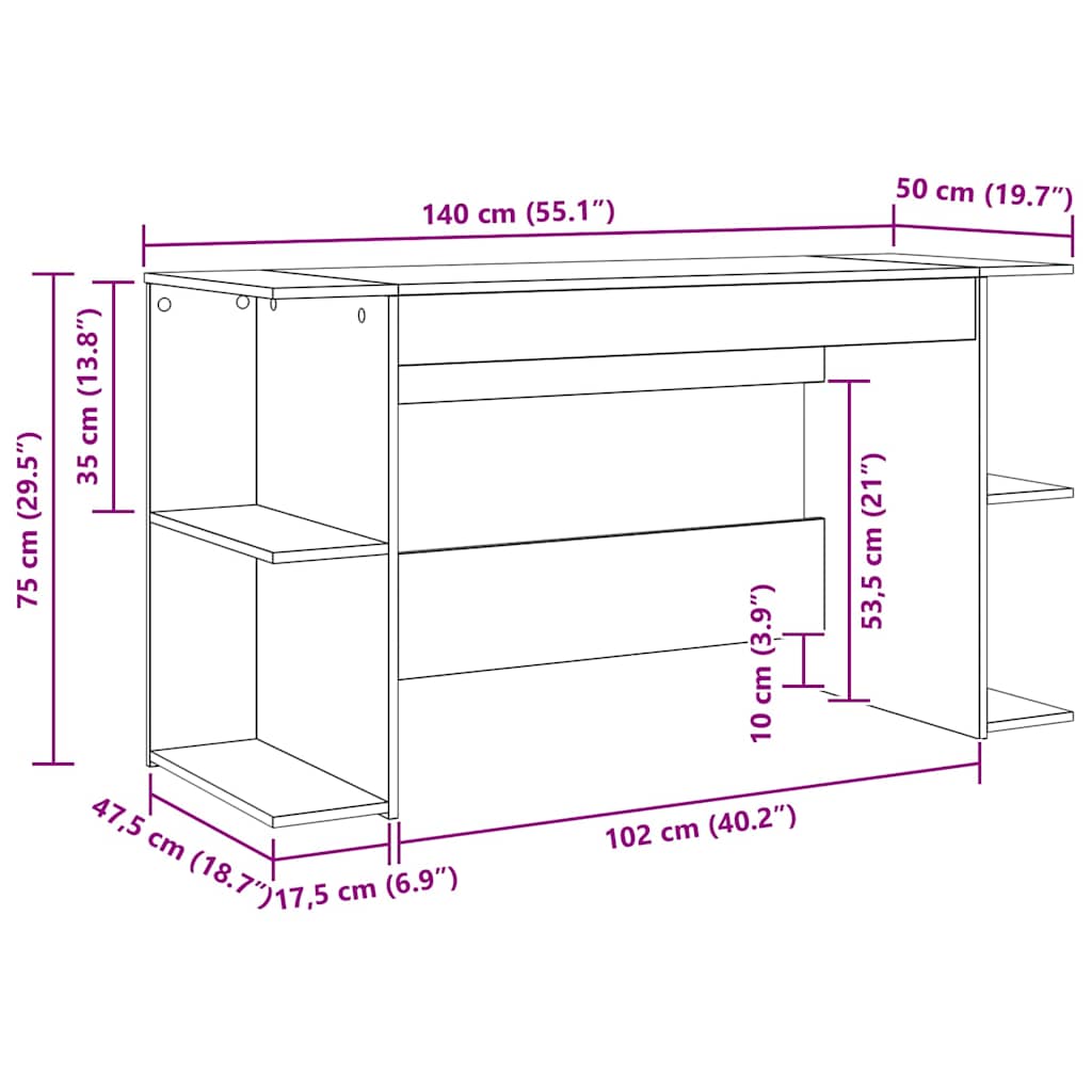 vidaXL Γραφείο με ράφι Μαύρη δρυς 140 x 50 x 75 εκ. Επεξεργασμένο ξύλο