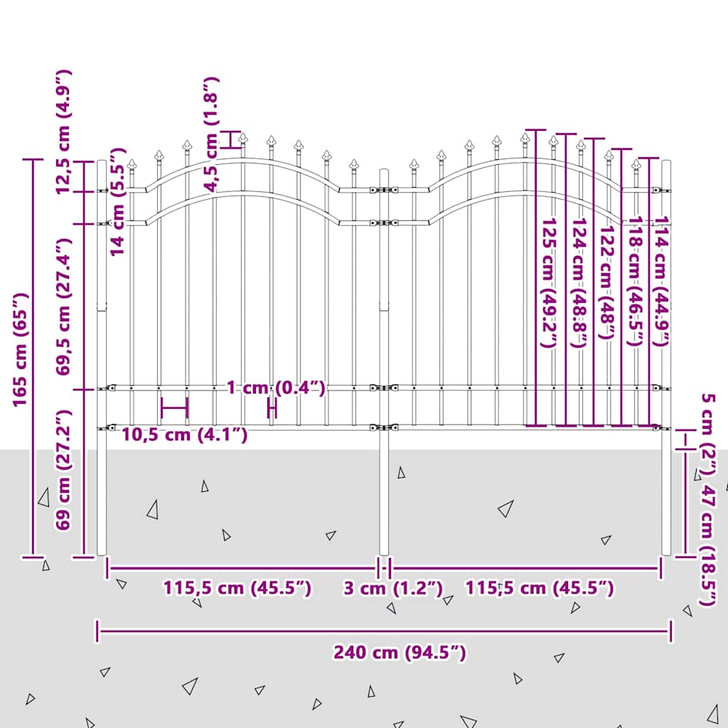 vidaXL Φράχτης Κήπου Γκρι 165 cm Ατσάλι με Επικάλυψη Πούδρας