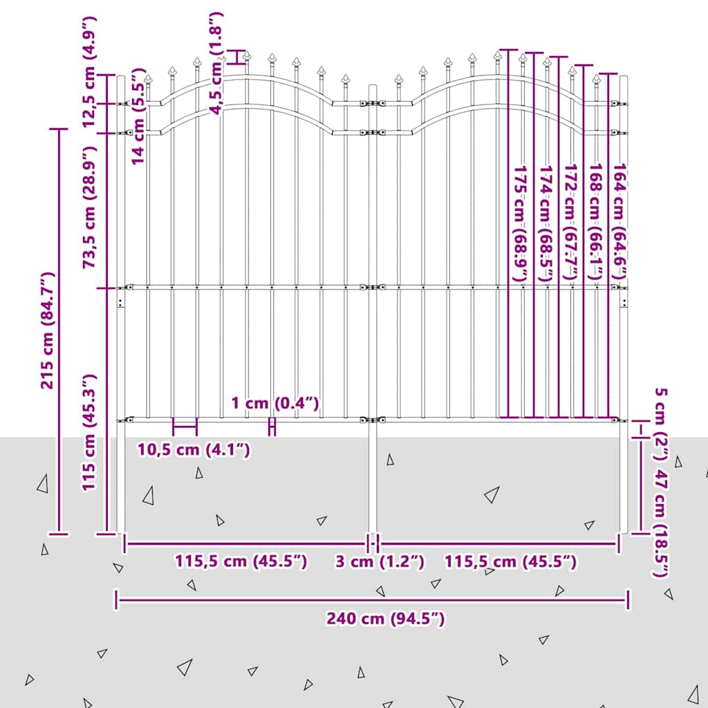 vidaXL Φράχτης Κήπου Γκρι 215 cm Ατσάλι με Επικάλυψη Πούδρας