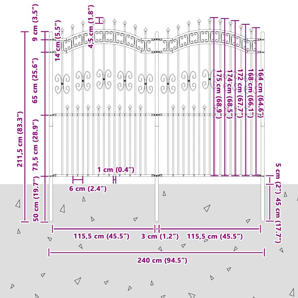 vidaXL Φράχτης κήπου Γκρι 215 cm Ατσάλι με Επικάλυψη Πούδρας