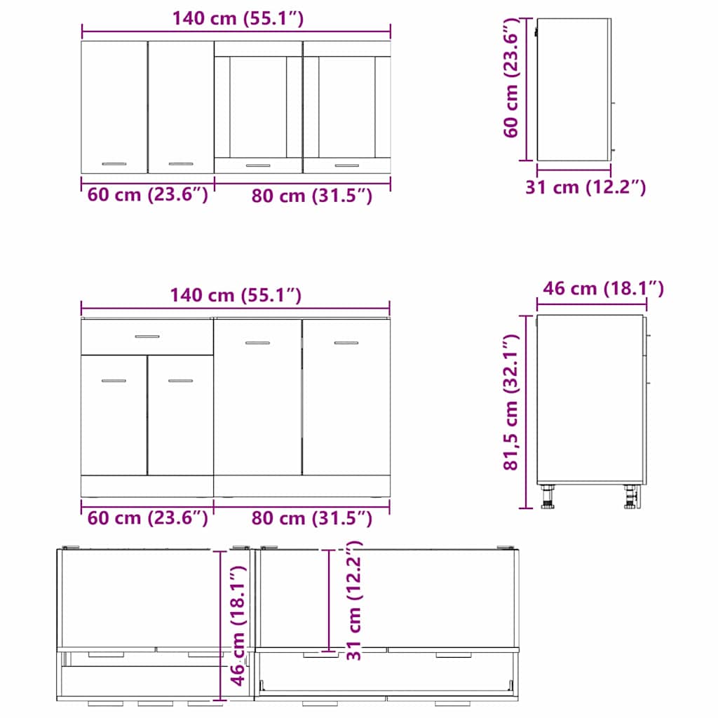 vidaXL Σετ ντουλαπιών κουζίνας με συρτάρι Lyon 4 pcs Γκρι sonoma