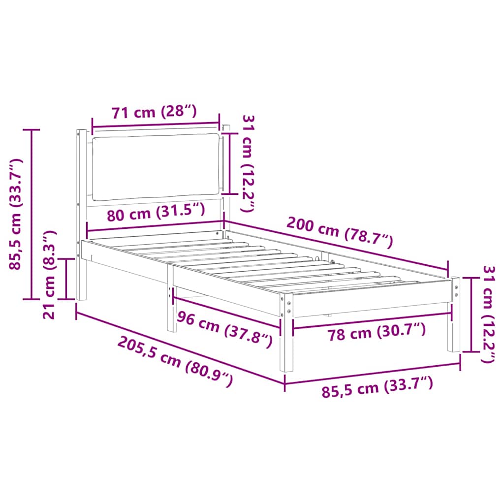 vidaXL Σκελετός Κρεβατιού Μαύρο 80 x 200 cm Στερεά ξυλεία πεύκου