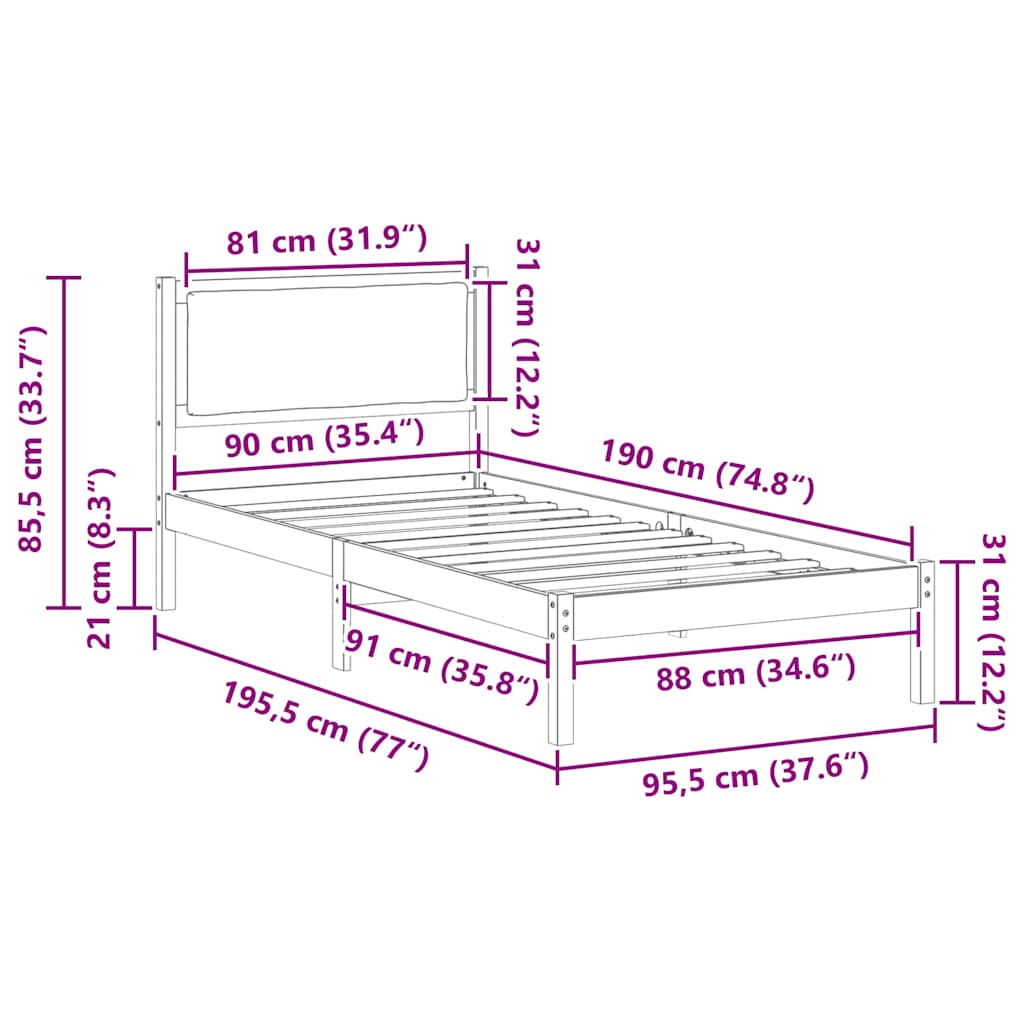 vidaXL Σκελετός Κρεβατιού Μαύρο 90 x 190 cm Στερεά ξυλεία πεύκου