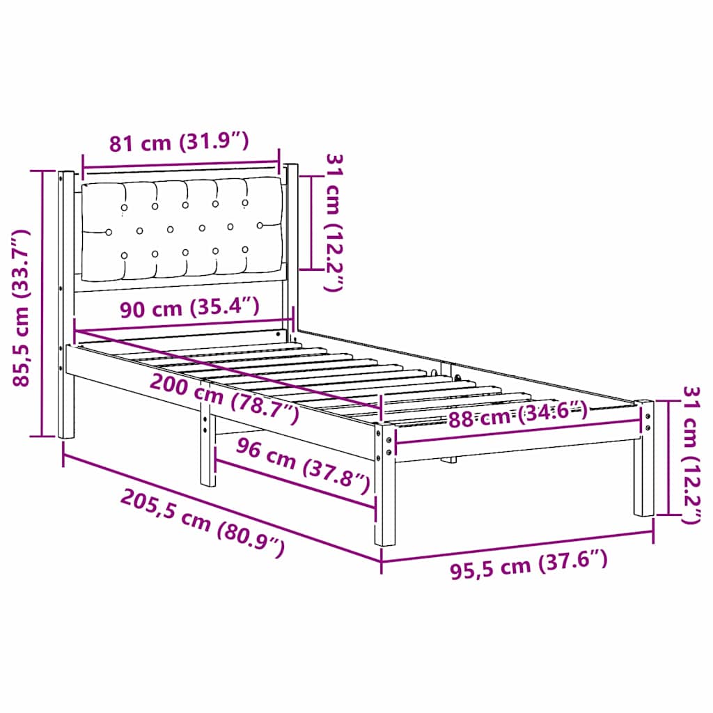 vidaXL Σκελετός Κρεβατιού Σκούρο Γκρι 90 x 200 cm Στερεά ξυλεία πεύκου