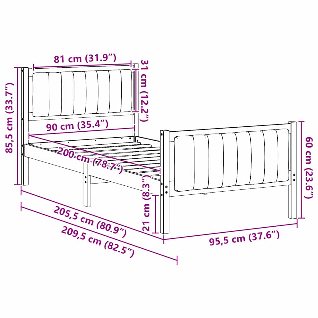 vidaXL Σκελετός Κρεβατιού Καφέ και ταμπά 90 x 200 cm Μασίφ ξύλο πεύκου