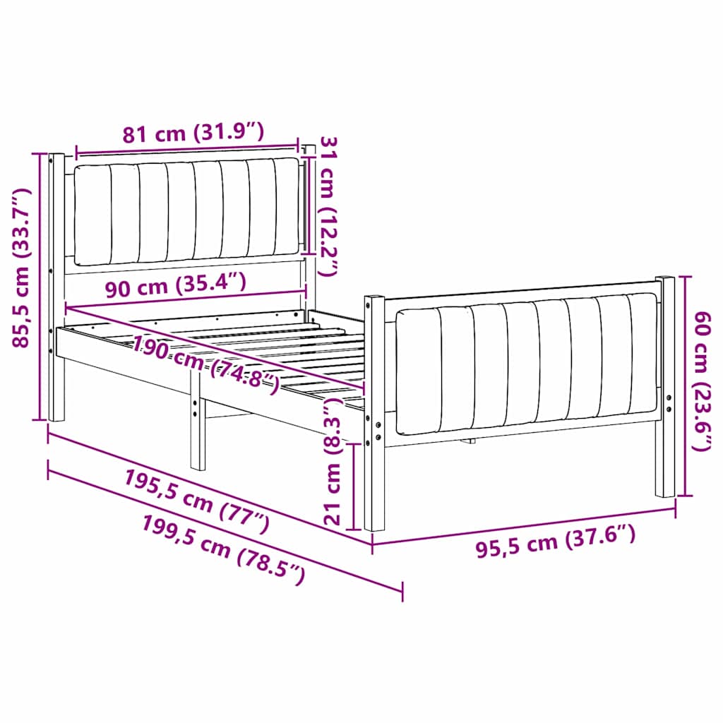 vidaXL Σκελετός Κρεβατιού Καφέ και ταμπά 90 x 190 cm Μασίφ ξύλο πεύκου