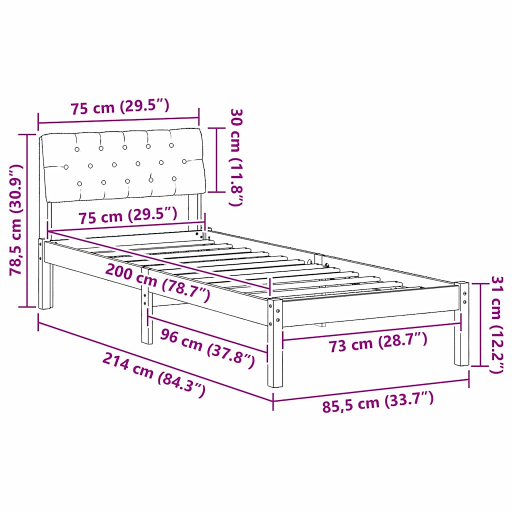 vidaXL Σκελετός Κρεβατιού Καφέ και μαύρο 75 x 190 cm Μασίφ ξύλο πεύκου