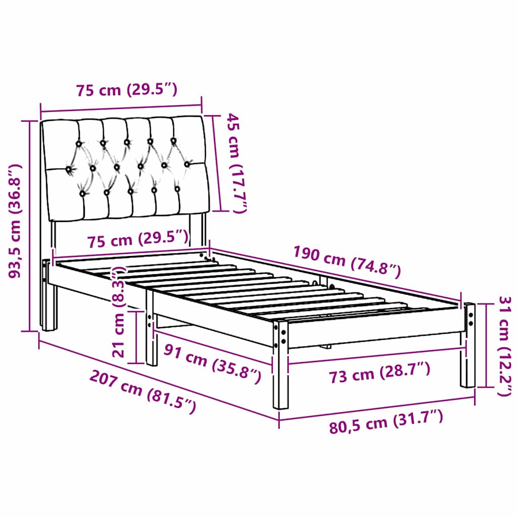 vidaXL Σκελετός Κρεβατιού με Επενδεδυμένο Κεφαλάρι Λευκό 75 x 190 cm