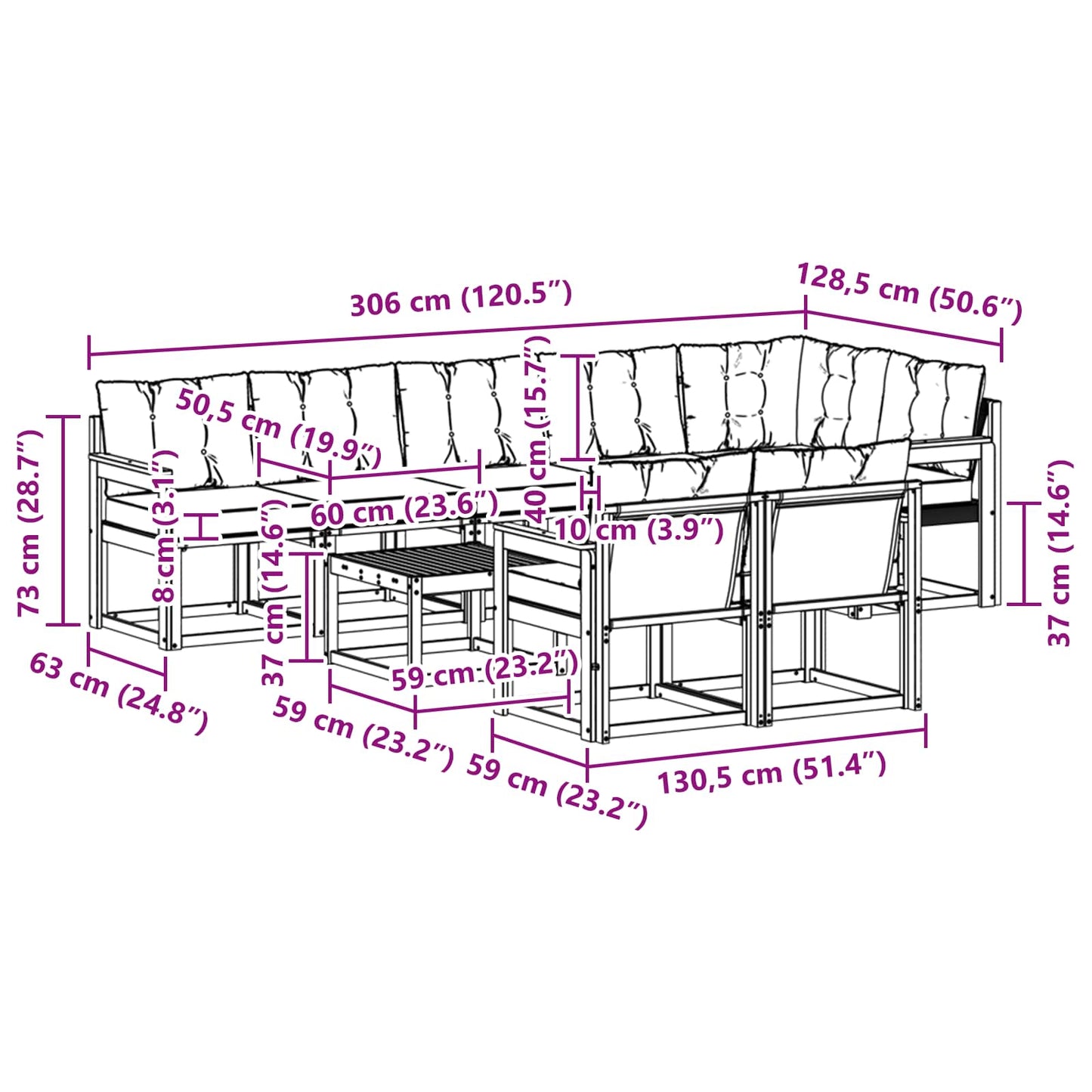 vidaXL Σειρά Καναπέ Εξωτερικού με μαξιλάρι 9 pcs Λευκό και Μαύρο