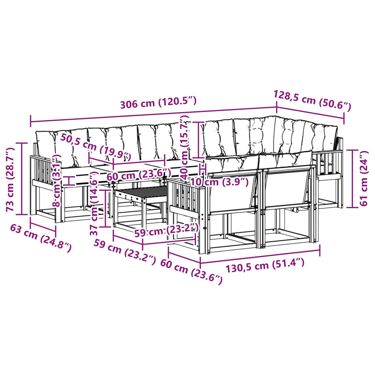 vidaXL Σειρά Καναπέ Εξωτερικού με μαξιλάρι 9 pcs Λευκό και Μαύρο