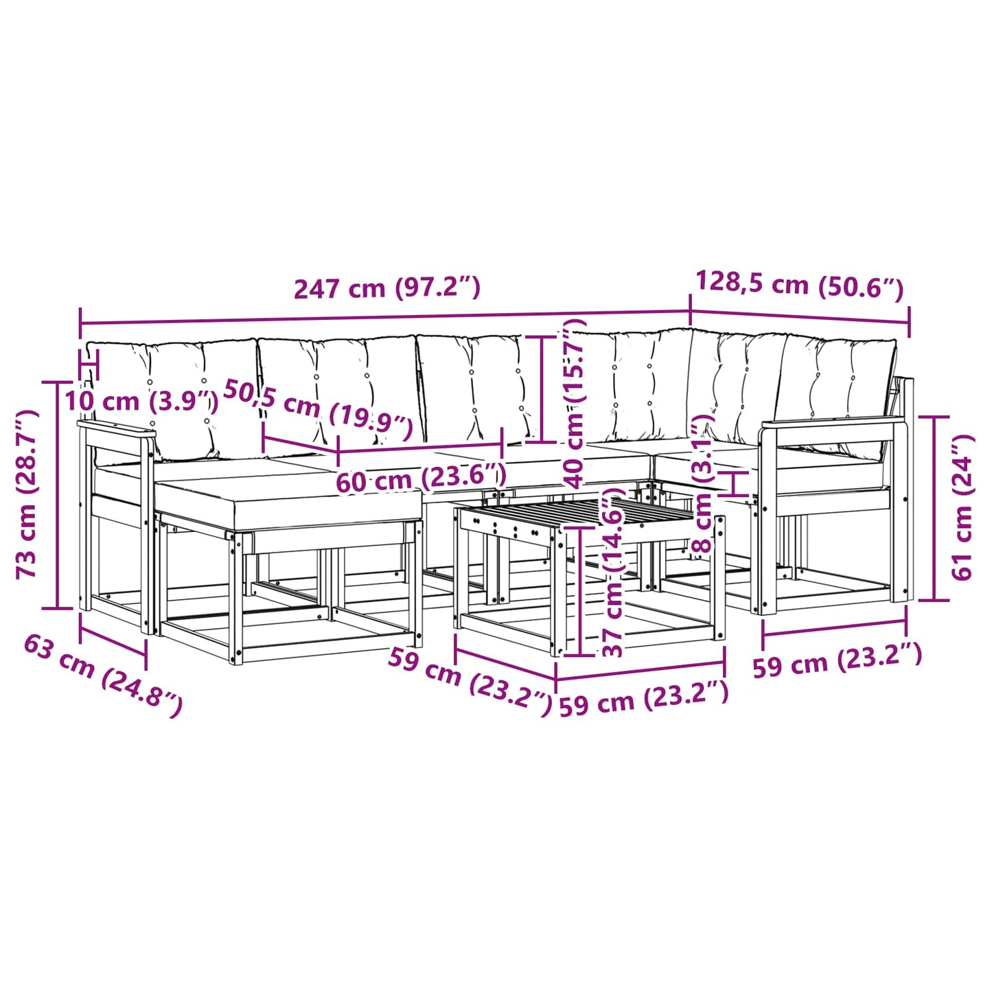 vidaXL Σειρά Καναπέ Εξωτερικού με μαξιλάρι 7 pcs Λευκό και Μαύρο