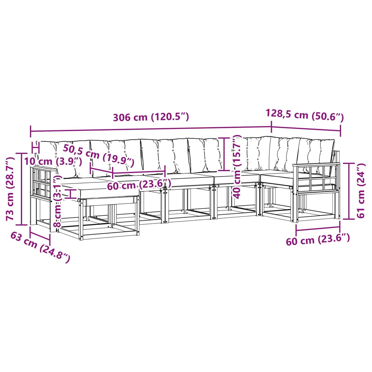 vidaXL Σειρά Καναπέ Εξωτερικού με μαξιλάρι 7 pcs Λευκό και Μαύρο
