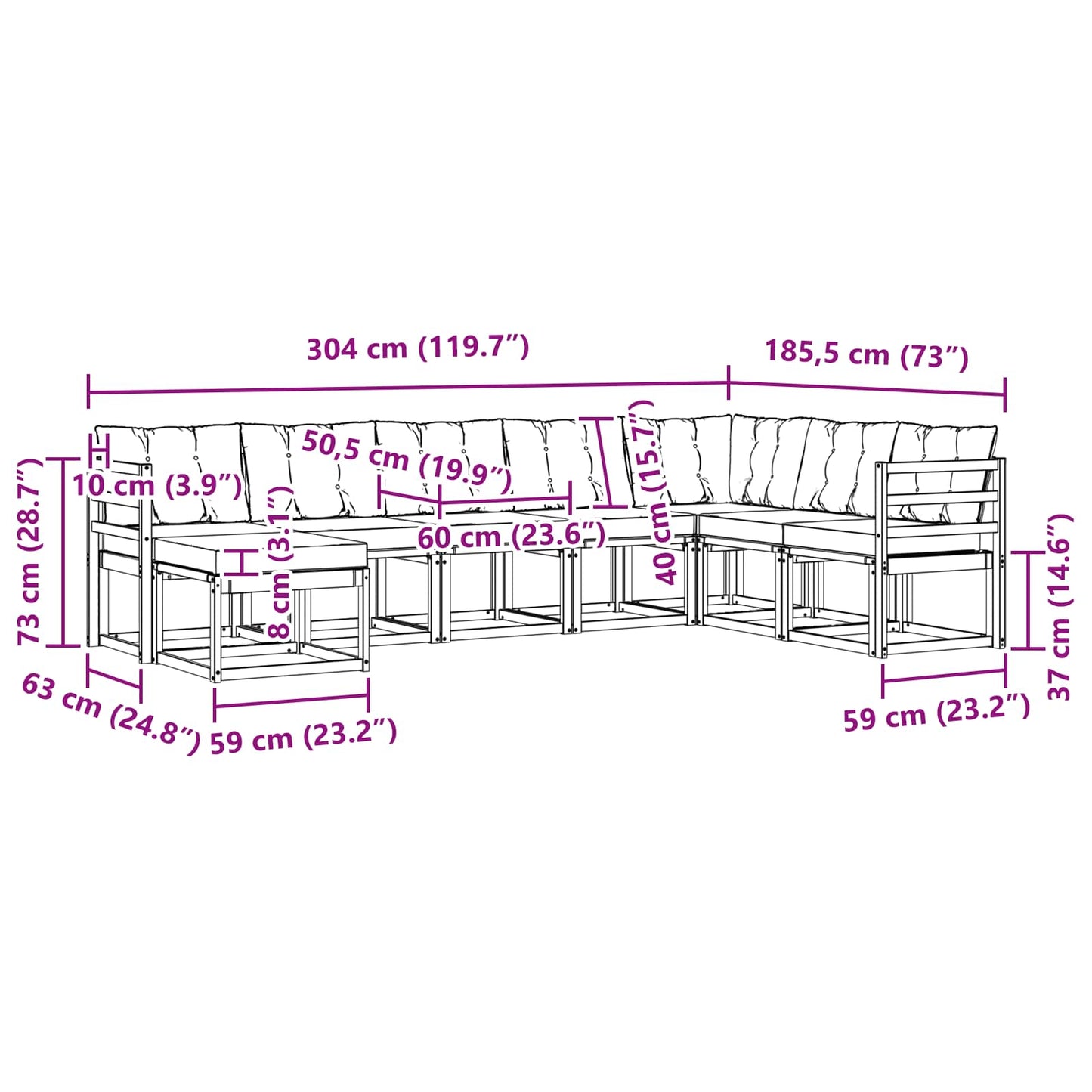 vidaXL Σειρά Καναπέ Εξωτερικού με μαξιλάρι 8 pcs Λευκό και Μαύρο