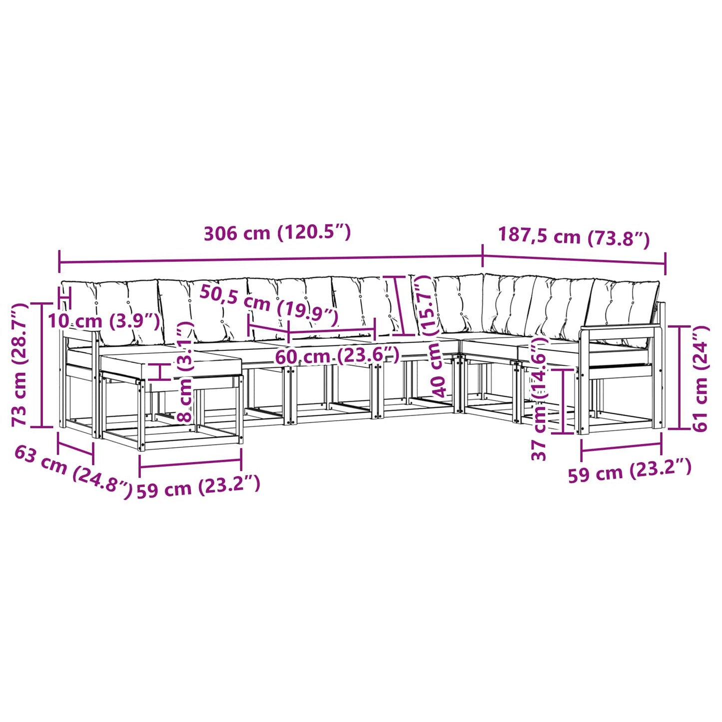 vidaXL Σειρά Καναπέ Εξωτερικού με μαξιλάρι 8 pcs Λευκό και Μαύρο