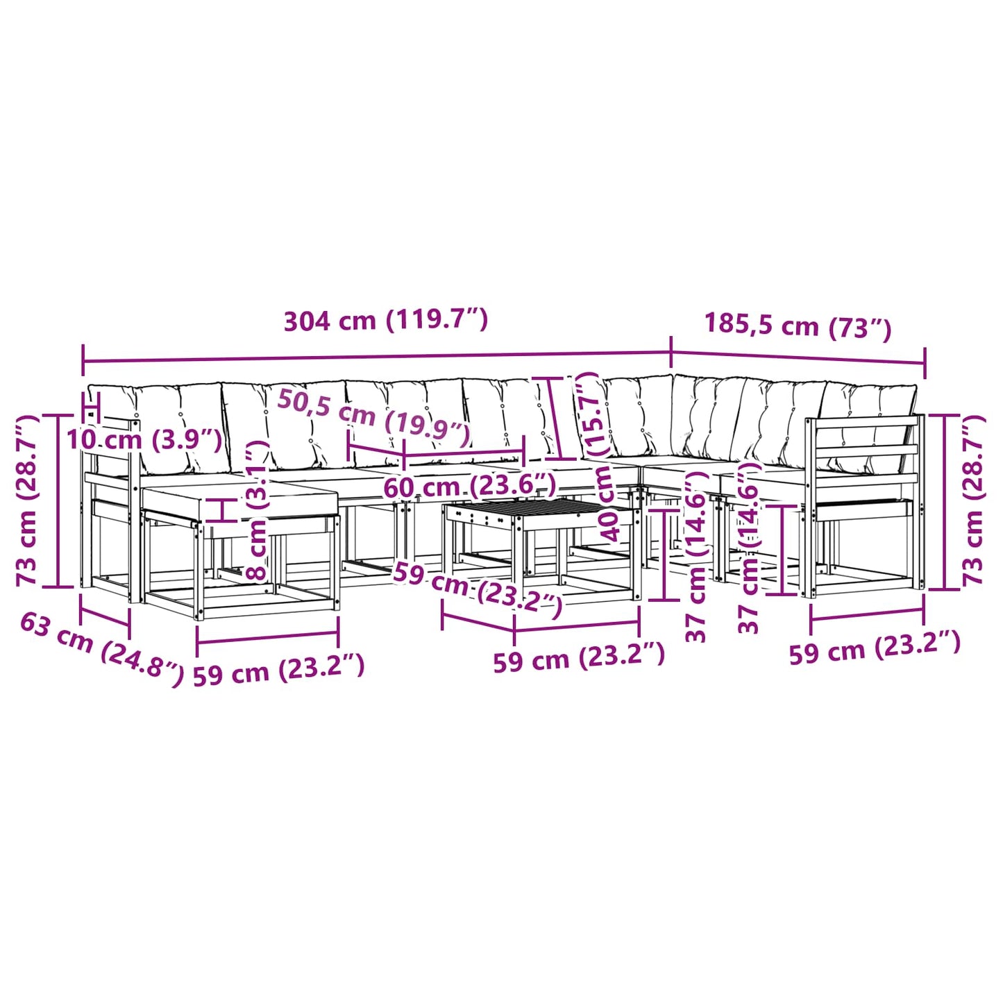 vidaXL Σειρά Καναπέ Εξωτερικού με μαξιλάρι 9 pcs Λευκό και Μαύρο