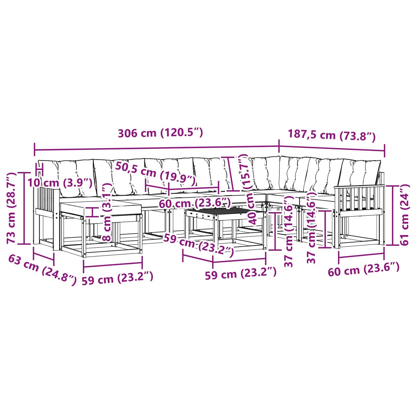 vidaXL Σειρά Καναπέ Εξωτερικού 9 pcs Λευκό και Ανοιχτό Γκρι