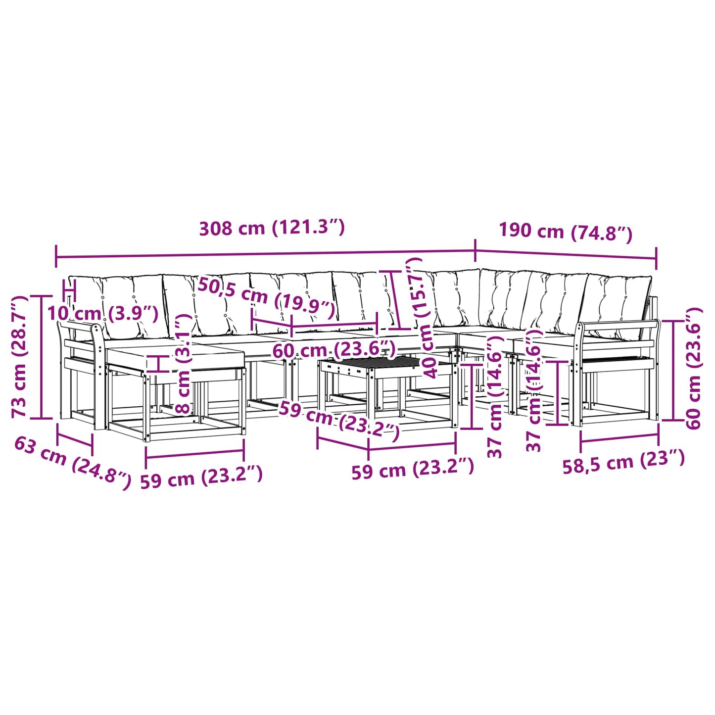 vidaXL Σειρά Καναπέ Εξωτερικού με μαξιλάρι 9 pcs Λευκό και Μαύρο