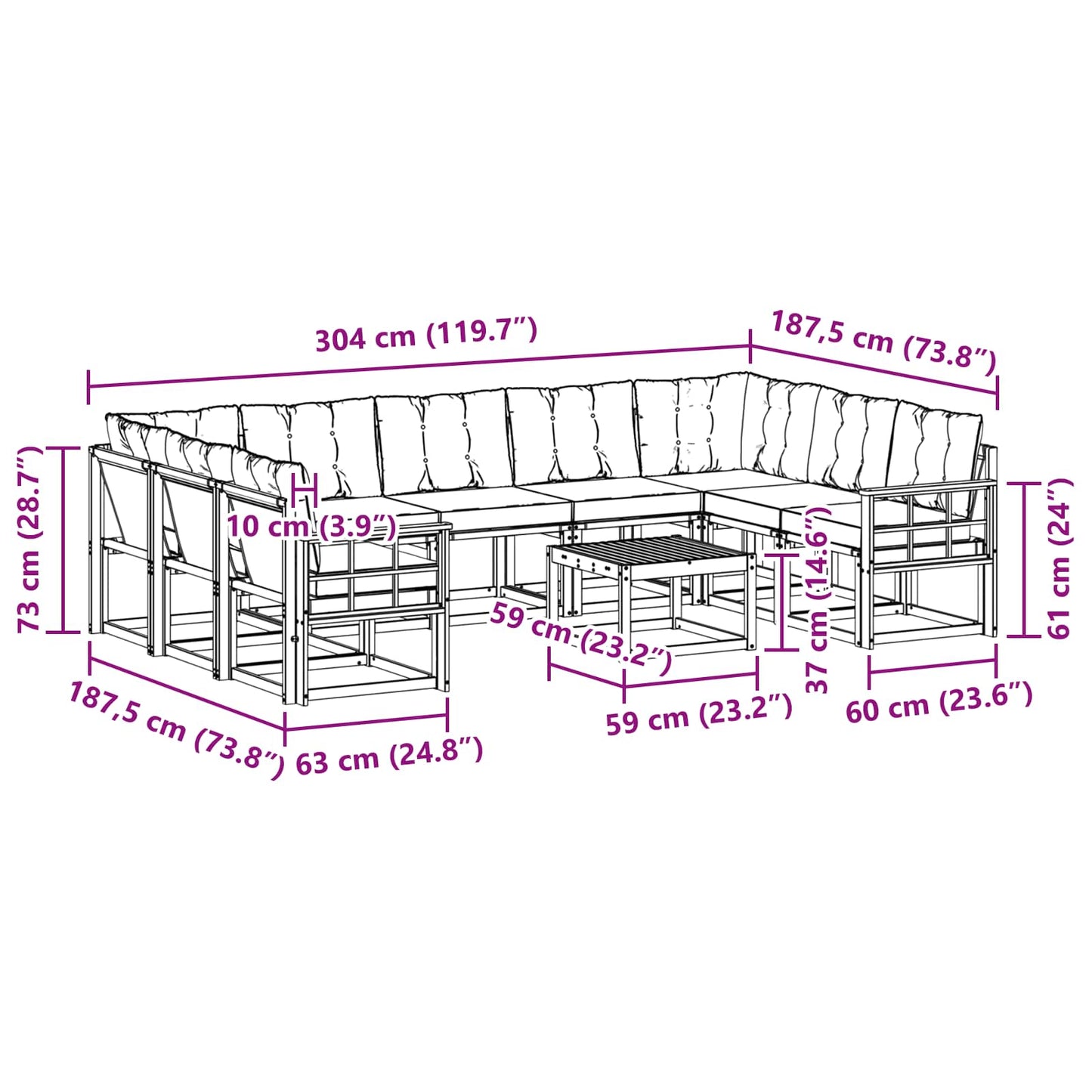 vidaXL Σειρά Καναπέ Εξωτερικού με μαξιλάρι 10 pcs Λευκό και Μαύρο
