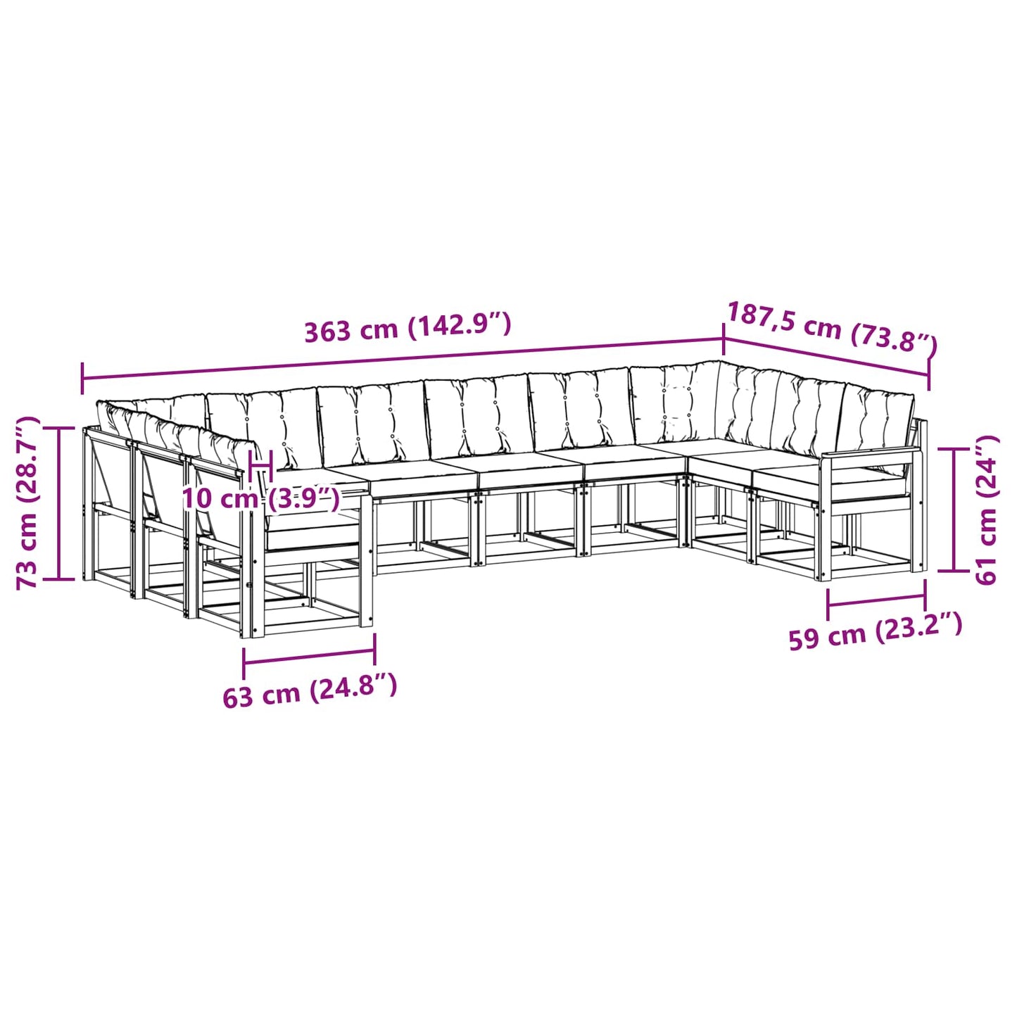 vidaXL Σειρά Καναπέ Εξωτερικού με μαξιλάρι 10 pcs Λευκό και Μπεζ