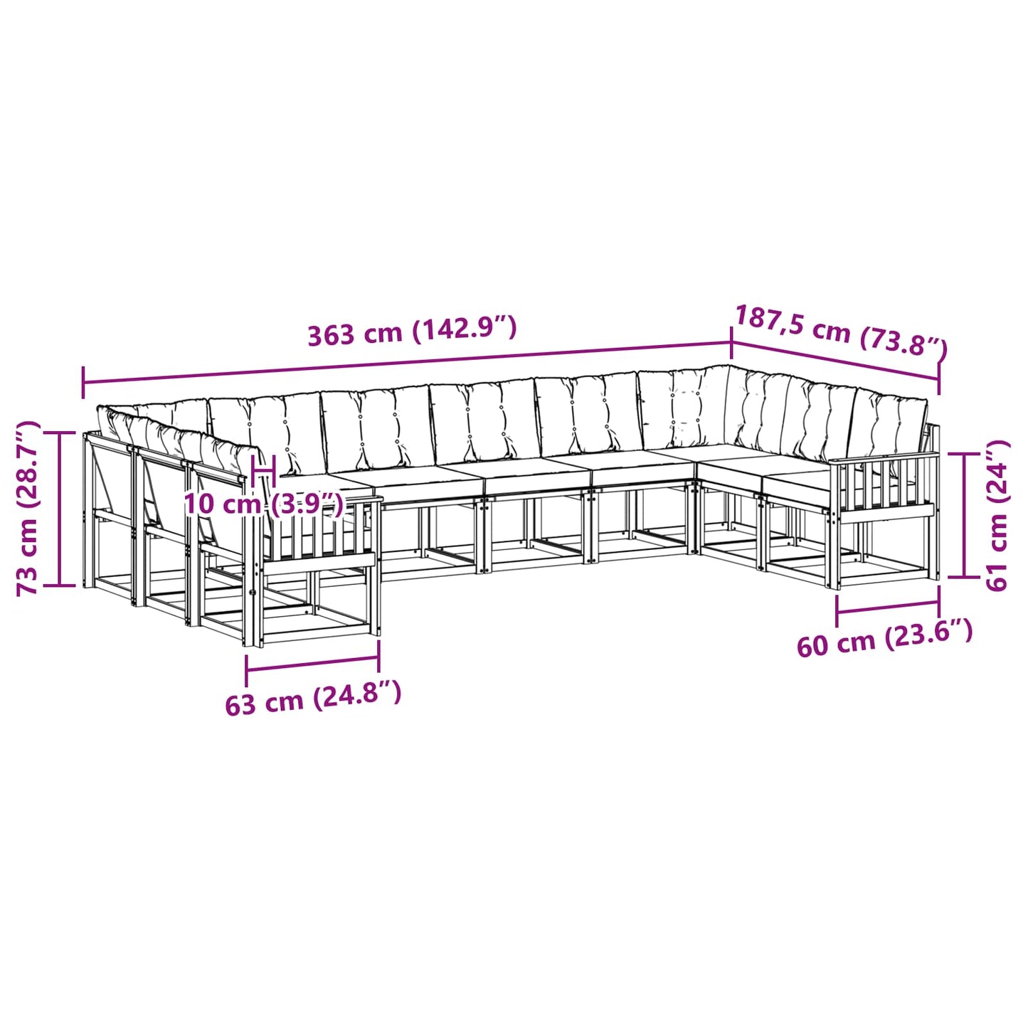 vidaXL Σειρά Καναπέ Εξωτερικού με μαξιλάρι 10 pcs Λευκό και Μπεζ