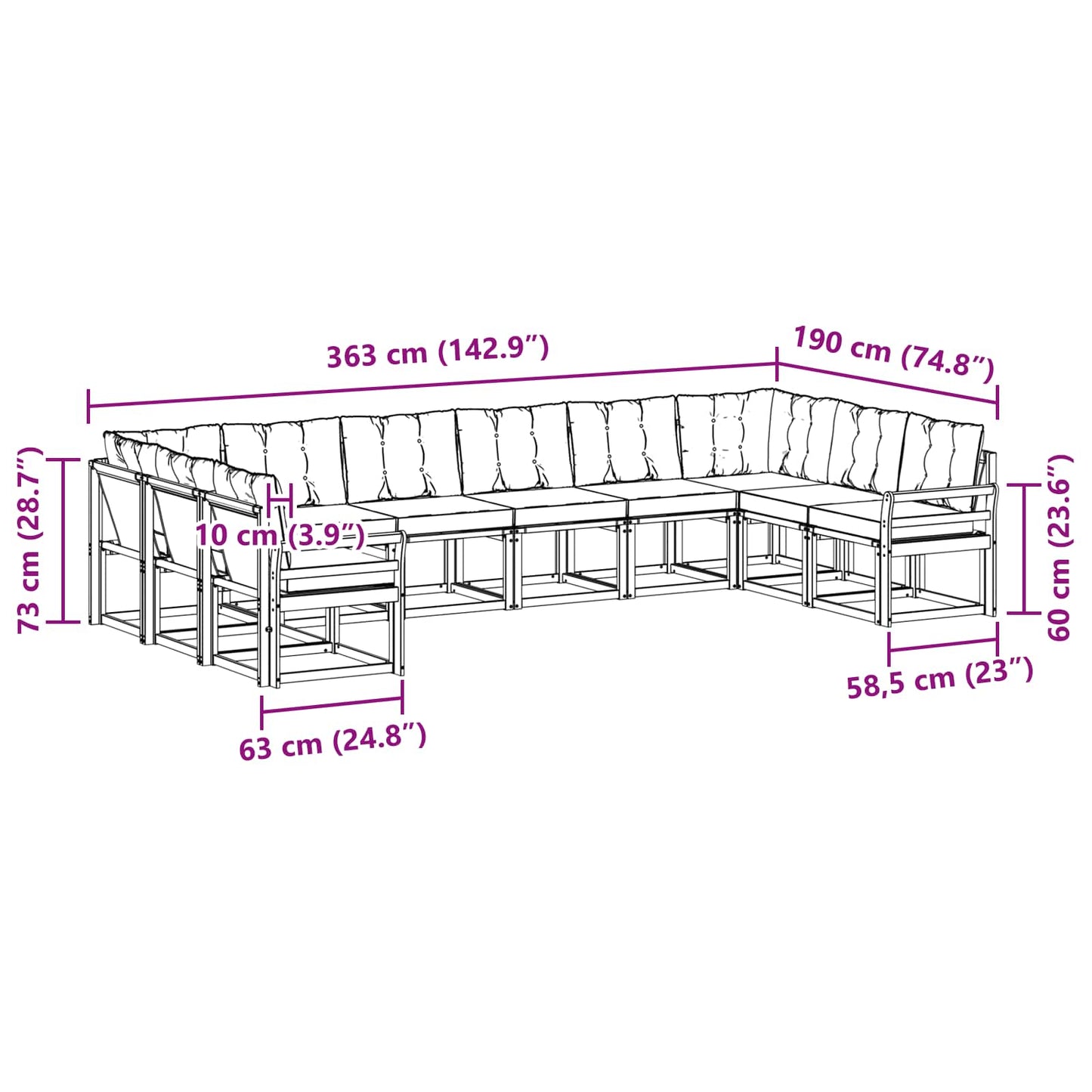 vidaXL Σειρά Καναπέ Εξωτερικού με μαξιλάρι 10 pcs Λευκό και Μαύρο
