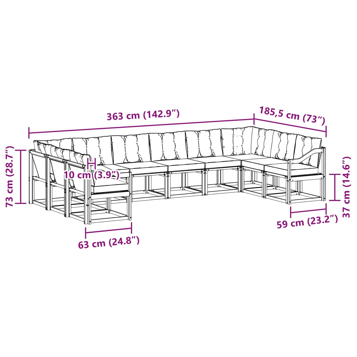 vidaXL Σειρά Καναπέ Εξωτερικού με μαξιλάρι 10 pcs Λευκό και Μαύρο