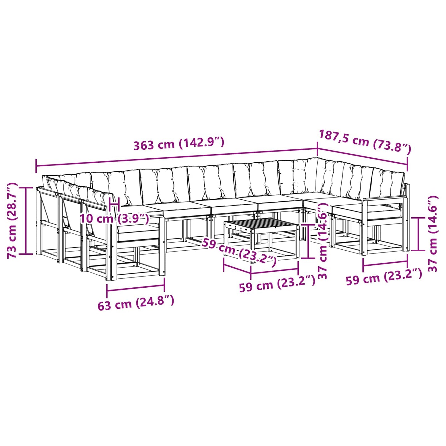 vidaXL Σειρά Καναπέ Εξωτερικού με μαξιλάρι 11 pcs Λευκό και Μαύρο