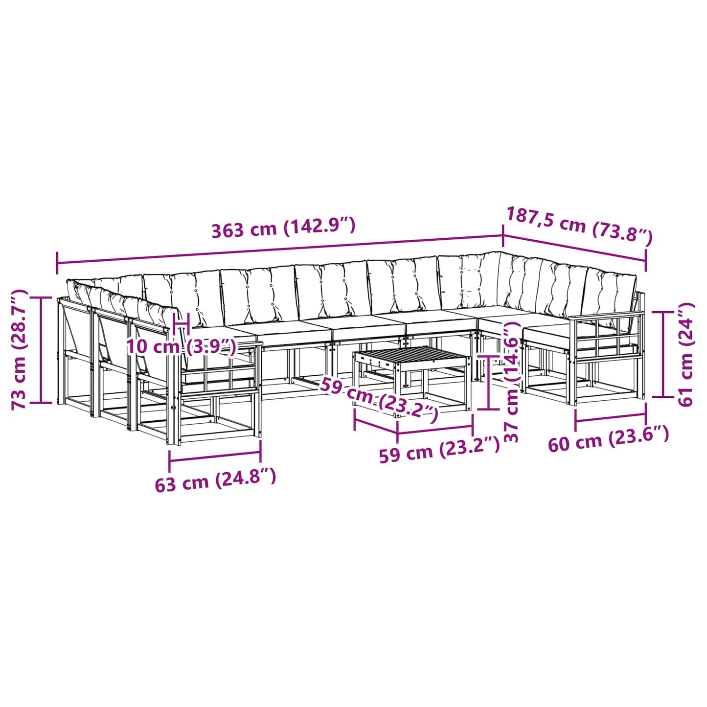 vidaXL Σειρά Καναπέ Εξωτερικού με μαξιλάρι 11 pcs Λευκό και Κρεμ