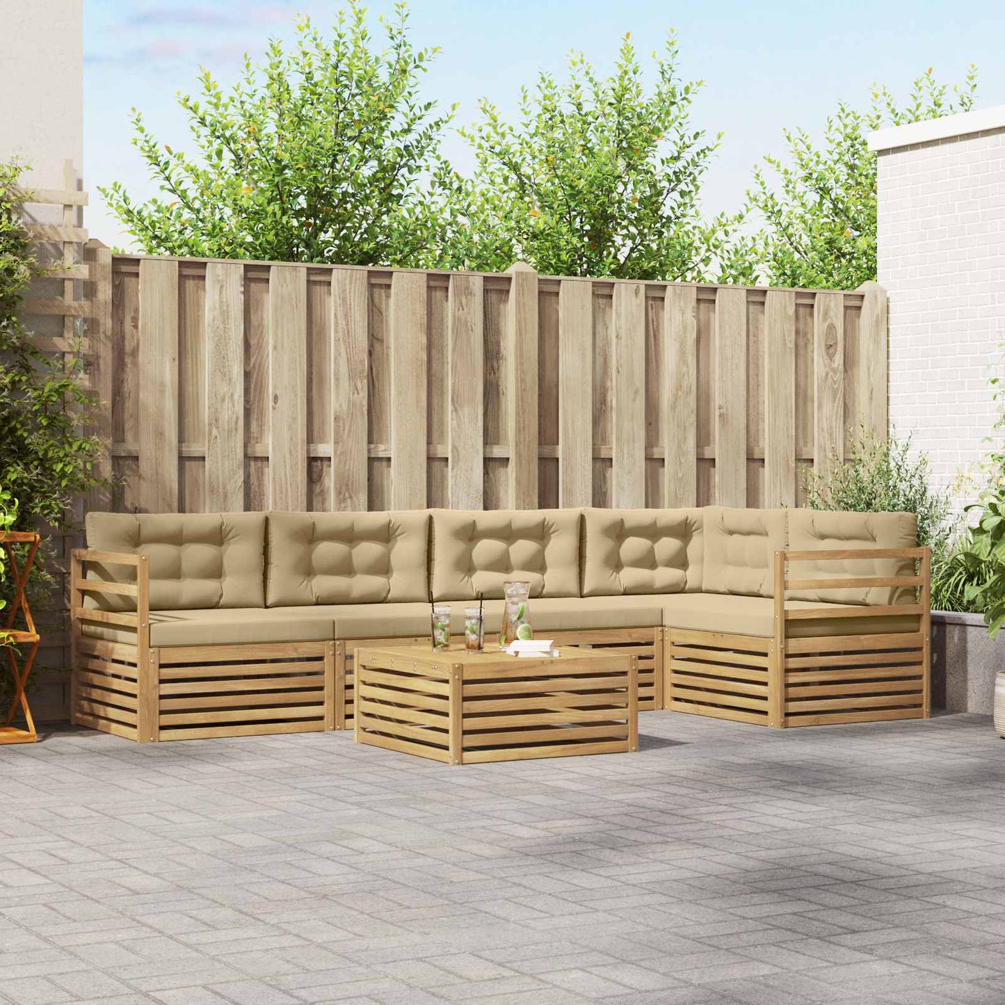vidaXL Σειρά Καναπέ Εξωτερικού 6 pcs Λευκό και Μπεζ Πολυεστέρας