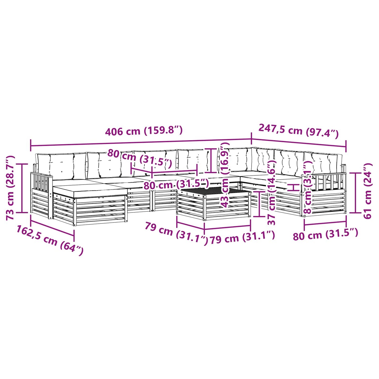 vidaXL Σειρά Καναπέ Εξωτερικού με μαξιλάρι 9 pcs Λευκό και Μπεζ