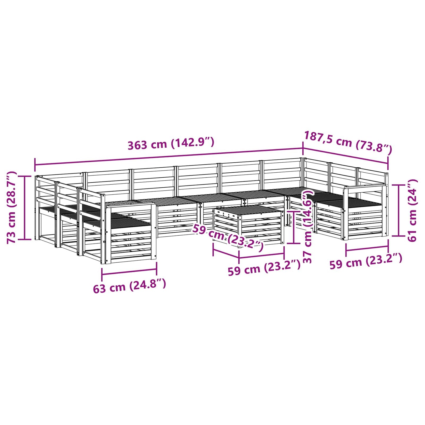 vidaXL Σειρά Καναπέ Εξωτερικού 11 pcs Λευκό 59 x 59 x 37 εκ