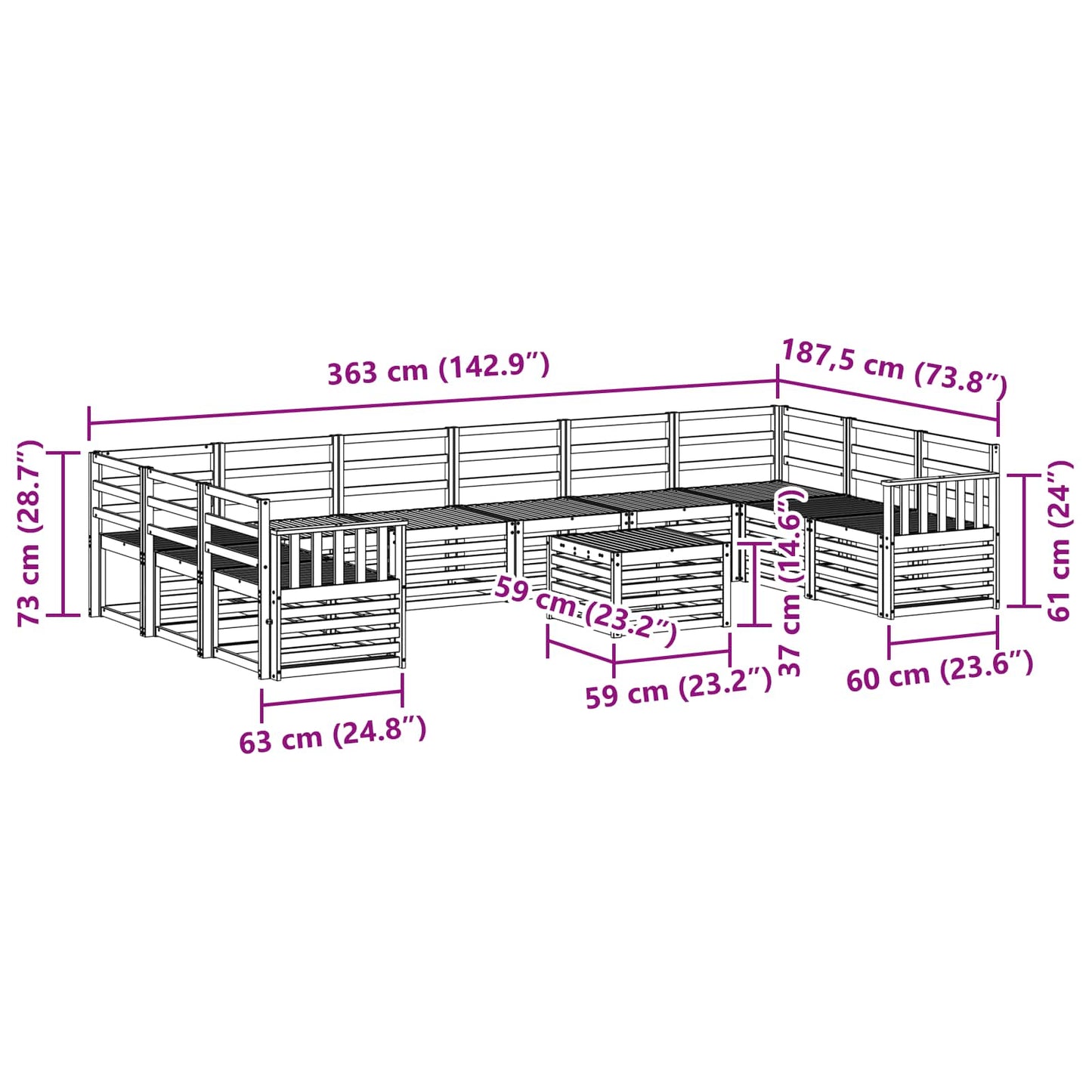 vidaXL Σειρά Καναπέ Εξωτερικού 11 pcs Λευκό 59 x 59 x 37 εκ