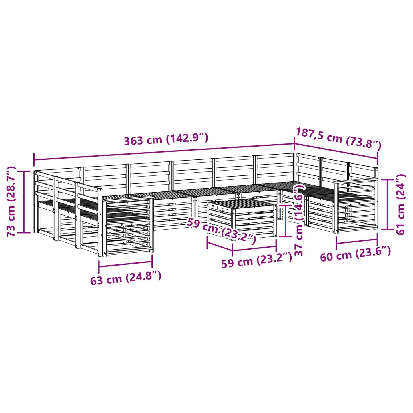 vidaXL Σειρά Καναπέ Εξωτερικού 11 pcs Λευκό 59 x 59 x 37 εκ